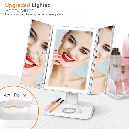 Makeup Vanity Mirror with Lights, AirExpect 72 LEDs Trifold Makeup Mirror with 3-Color Lights, 1X/2X/3X Magnifications, Touch Panel, and Dual Power Supply, Portable HD Cosmetic Lighted Mirror 